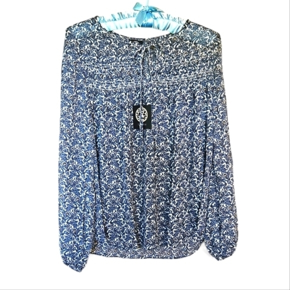 Bobeau Women's Collarless boHo peasant top Chiffon Floral Print Blouse  M